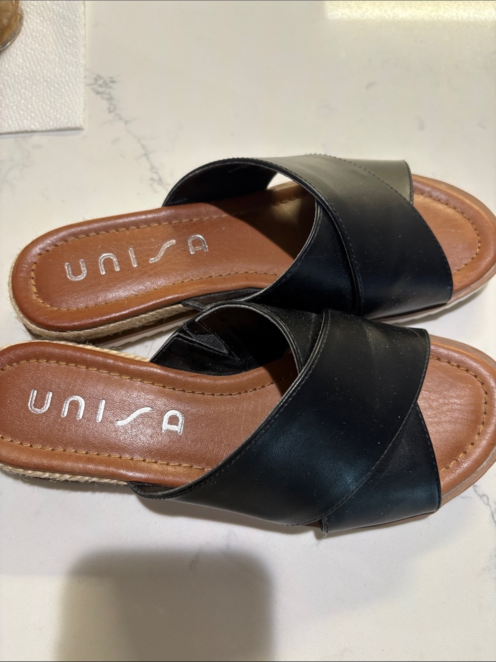 Unisa Black Cross-Band Slide Sandals with Tan Footbed - Picture 4 of 5